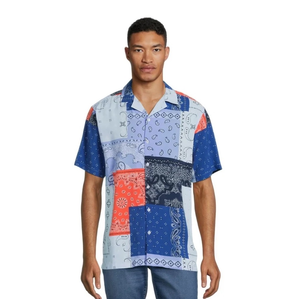 Sz 3XL No Boundaries Men's Rayon Resort Shirt -Blue Paisley Patchwork Button Up